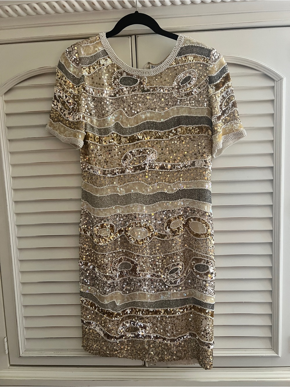 Stunning rare vintage Oleg Cassini Black Tie Gold & Silver Sequin Mini Dress